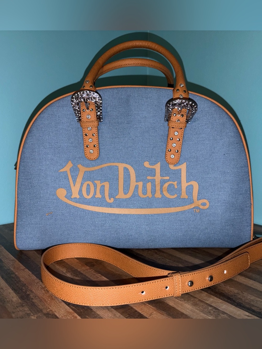 New Von Dutch Denim Duffle Bag with Tan Accents. NWOT - Picture 2 of 5